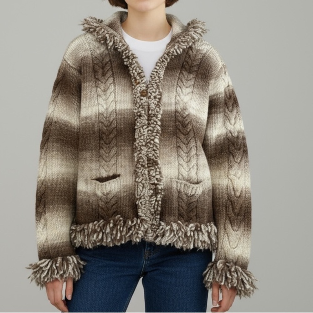[S/M]GolliImportz Brown and Cream Knit Wool Cardigan Hoodie